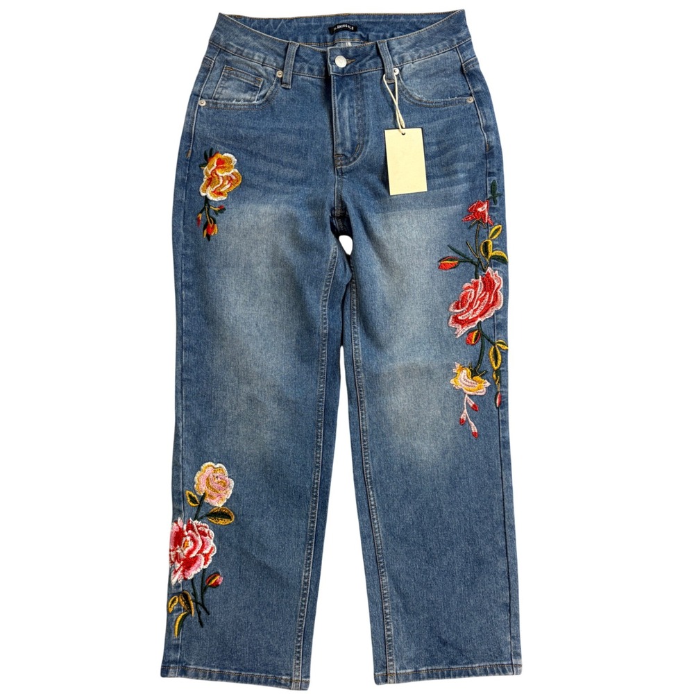 NWT Flamingals Womens XS Floral Embroidered Jeans Straight Leg Stretch Cropped